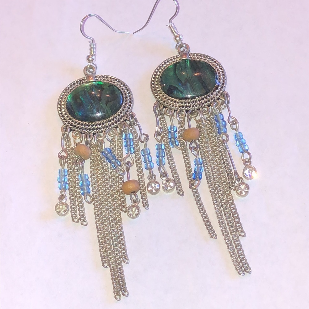 Elegant Silver Tone and Green Abalone Shell Boho Dangle Earrings